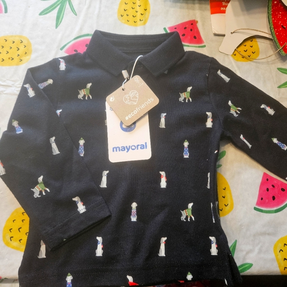 NWT MAYORAL Long Sleeve Printed Polo - Navy - Dogs